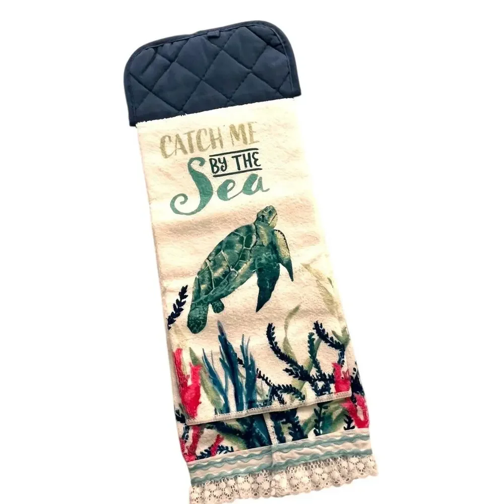 18 x 7 Handmade Catch Me By the Sea Hanging Hand Towel Turtle Blue